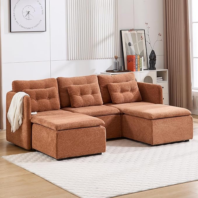 DUOMAY Modern Chenille Convertible Sectional Sofa 82.5 Wide Modular Couch with Deep Seat Upholstered U-Shaped Lounge Sofa with 2 Ottomans for Living Room Bedroom Brown