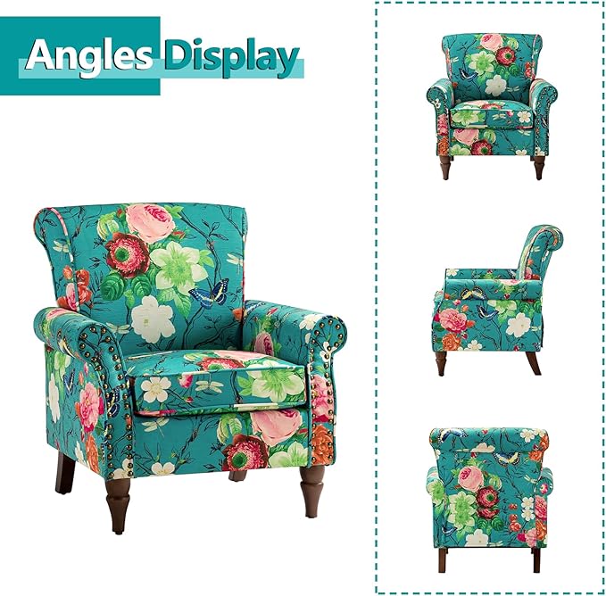 HULALA HOME Modern Wingback Accent Chairs Set of 2 with Wood Legs &amp Removable Cushion Comfy Upholstered Armchairs with Nailhead Trim Floral Pattern Single Sofa Chairs for Living Room Bedroom Bl