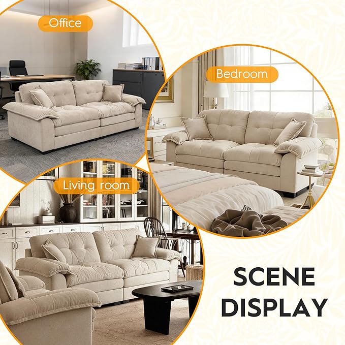 Modern 84 Chenille Loveseat Sofa Ultra-Comfy Upholstered Couch with 2 Pillows for Apartment Living Room Bedroom or Home Office (Oatmeal)
