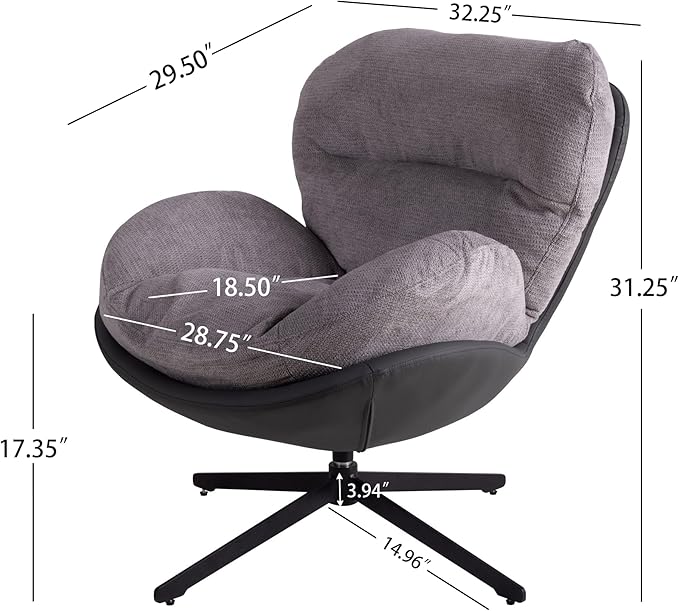 360° Swivel Accent Chair Modern Upholstered Chenille Lounge Chair Faux Leather Club Chair with Metal Base FrameComfy Reading Chair for Small Spaces Living Room Bedroom Office 31.25H Light Gray