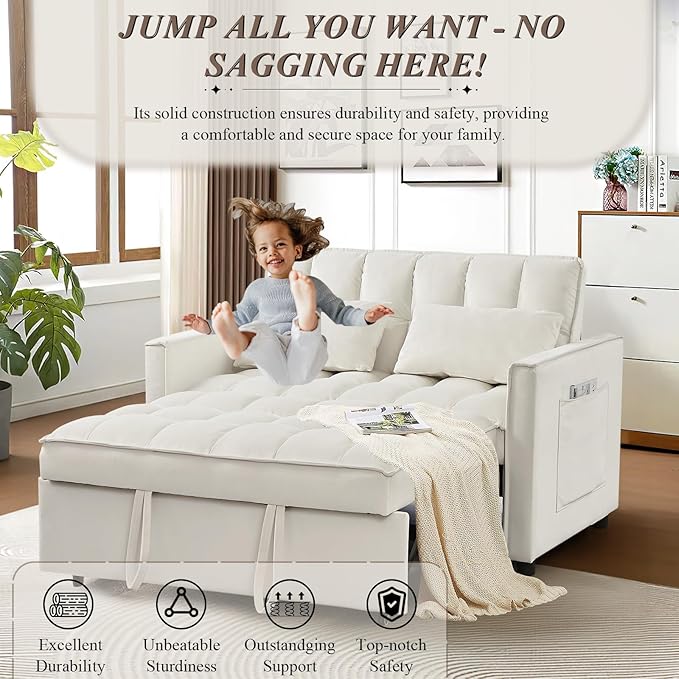 3 in 1 Convertible Sleeper Sofa Bed Futon Couches for Living Room with Side Pocket/Adjustable Backrest Velvet Upholstered Pull Out Couch Small Loveseat Sofa Bed for Bedroom Office Small Spaces