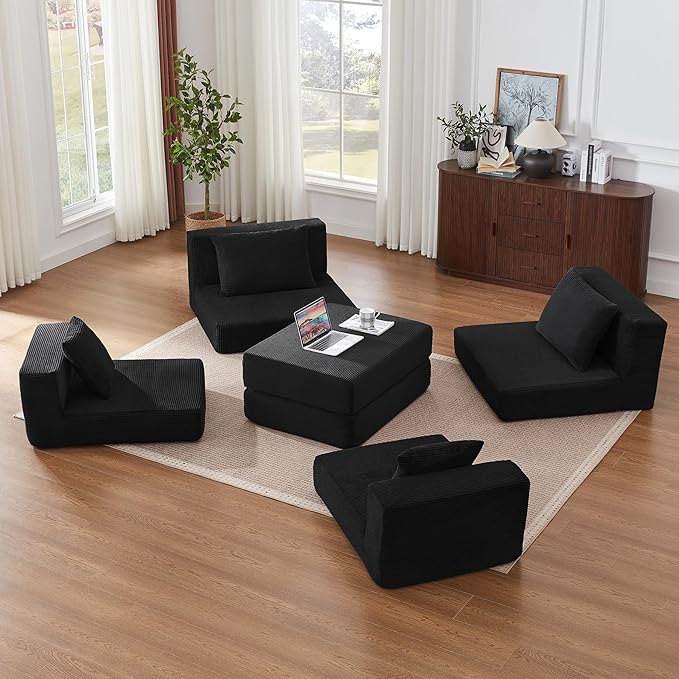 Modular Loveseat L Shaped SofaBoneless Cloud Couch with Ottoman (Black) | Freely Combination No Assemble Required Modular Design Breathable Fabric Convertible to Bed Futon Bed