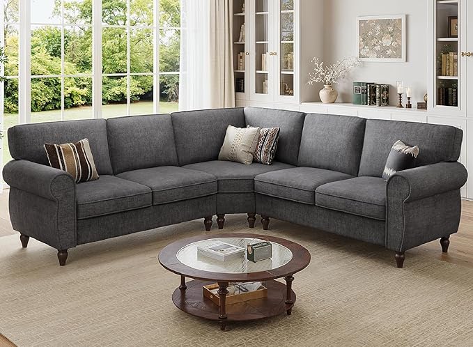 ONBRILL 101 L Shaped Couch Sectional Corner Sofa with Rolled Arms 5 Seater Chenille Fabric Couch w/Springs Seat Cushion Wooden Legs Comfy Oversized Sofa for Living Room Apartment Grey
