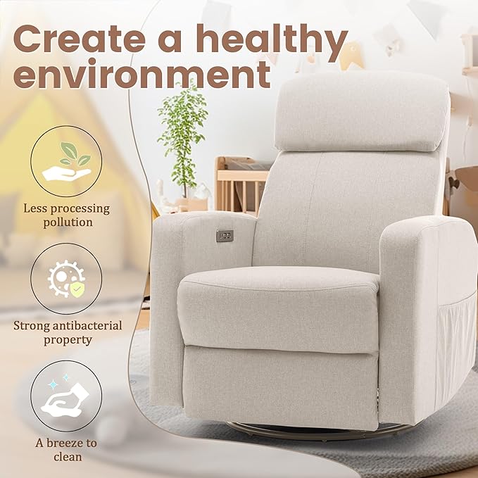 Power Swivel Recliner Chairs for Adults Electric Glider Rocking Chair Nursery Glider Recliner Nursery Chair with Classified Side Pocket Nursery Rocking Chairs with USB and Type-C Ports
