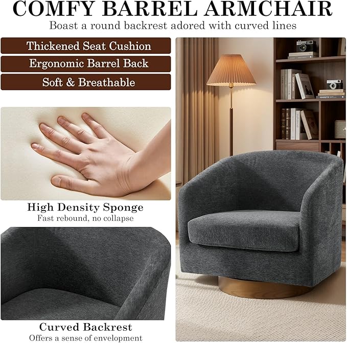 UIXE Swivel Accent Chairs Set of 2 Chenille Upholstered Barrel Chair for Living Room Comfy Round Armchair Single Sofa Bedroom Reading Seat - Gray