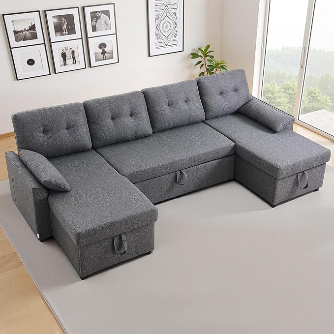 VEVOR U Shaped Sofa Bed Convertible Sofa Bed with 2 Side Pockets 2 Pillows and Double Chaise 6-Seat Pull Out Sleeper Couch with Large Storage Capacity for Living Room Apartment Metal Frame Gray