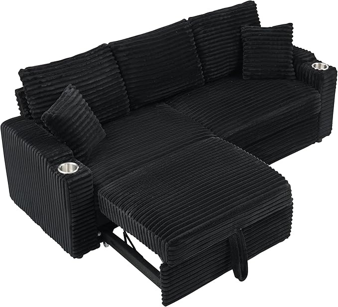 KEIKI 80 Pull Out Folding Sofa 2 in 1 Foldable Couch with Hidden Lying Function Cup Holder Corduroy Loveseat Sofabed for Apartment Living Room Office Black