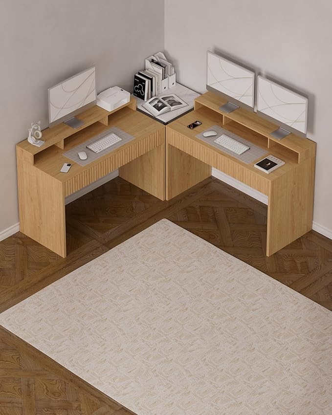 47 Executive Desk with Fluted Drawer Modern Home Office Desk with Long Monitor Stand and 2 Drawers Computer Writing Desk for Study Office Vanity Natural Oak