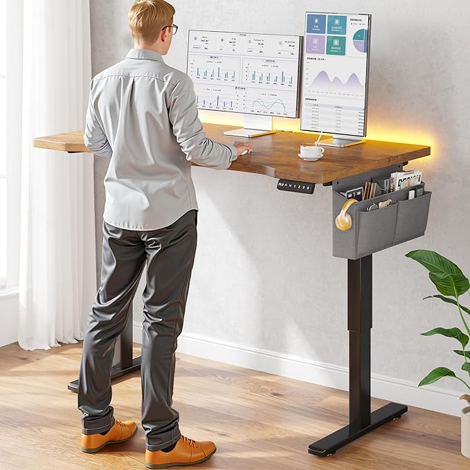 EnHomee Gaming Desk with LED LightsComputer Desk Adjustable Electric Standing Height Office Desk with 3 Memory PresetStorage Side Pocket and Cable ManagementRustic Brown48 x 24 Inch