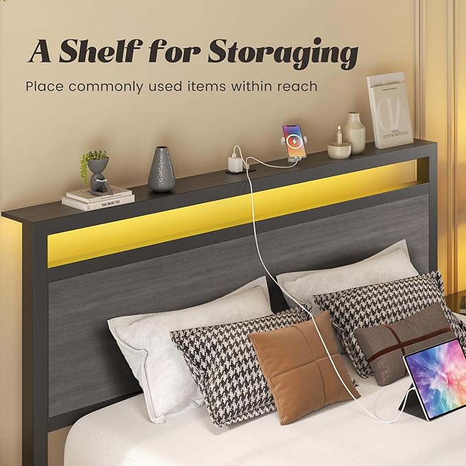 Queen Bed Frame with Headboard &amp Footboard Bed Frame with Built-in Charging Station &amp LED Light Storage Shelf Noise-Free No Box Spring Needed Easy Assembly Rustic Grey