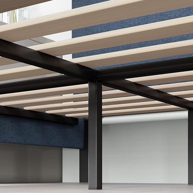 Zinus Omkaram Upholstered Platform Bed Frame Mattress Foundation Wood Slat Support No Box Spring Needed Easy Assembly Full Navy