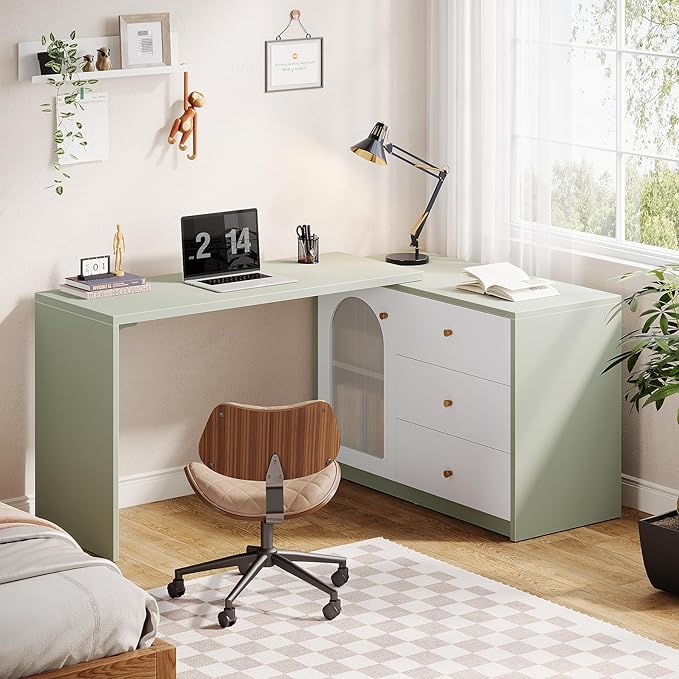 Tribesigns L-Shaped Computer Desk with Drawers Modern Corner Home Office Desk with Reversible Storage Cabinet Long Study Writing Desk Workstation for Home Office Cyan &amp White