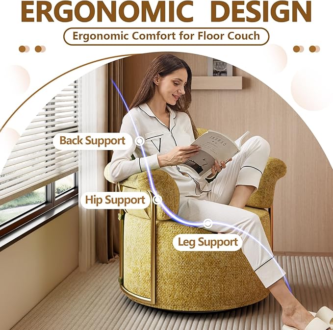 Swivel Accent Chairs for Living Room 360 Swivel Barrel Chair with Arm for Bedroom Upholstered Round Chair &amp Corner Chairs with Gold Frame for Small Spaces Chenille (Yellow)