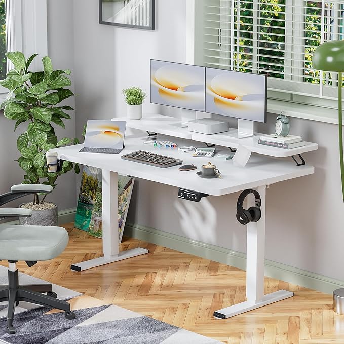 Shahoo Electric Standing Desk with Monitor Shelf 55 x 24 Inches Height Adjustable Corner Table Computer Workstation with Cup Holder and Hook for Home Office White 55x24 Inch
