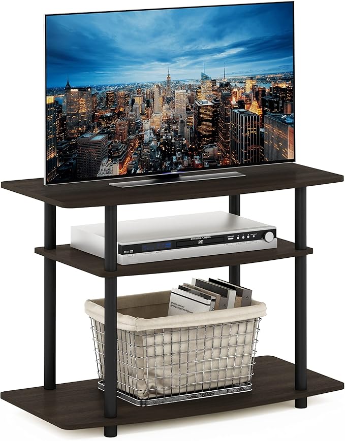 Furinno Turn-N-Tube No Tools 3-Tier Entertainment Center TV Stand for TV up to 32 Inch Plastic Round Tubes Dark Brown/Black