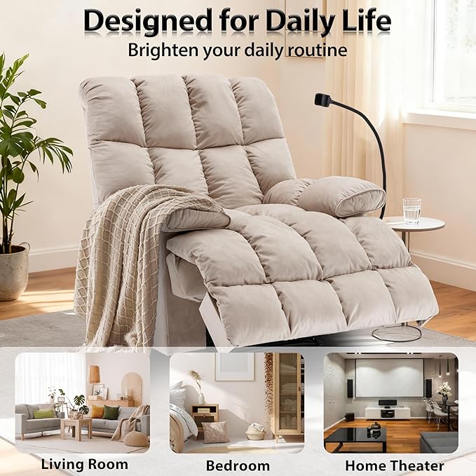 Oversized Recliner Chair with Phone Holder Manual Velvet Big Man Recliners Supports Up to 400 LBS Extra Wide Recliner Chairs for Bedroom Living Room and Home Theater Beige