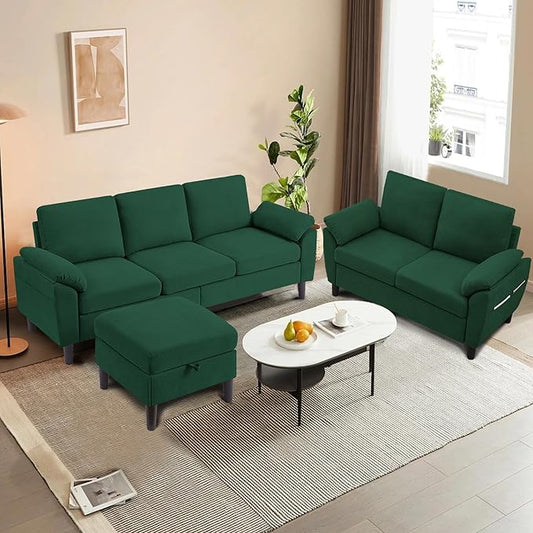 Convertible Sectional Sofa Set 79 Modern L Shaped Couch and 57 Loveseat Linen Upholstered 3 Seat Sofa Couches for Living Room Apartment Green