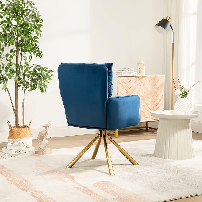NORDICANA 180° Swivel Velvet Living Room Chair Modern Dining Armchair with Golden Legs Ergonomic Upholstered Accent Chair Single Sofa for Bedroom Reading Home Office Navy Blue