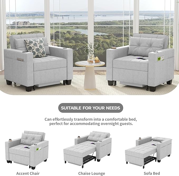 DURASPACE 36.6 Futon Chair Bed Convertible Chair 3-in-1 Pull Out Sleeper Reading Chair Beds with USB Armchair Sleeper Bed for Living Room Dorm Small Space (Light Gray Linen)