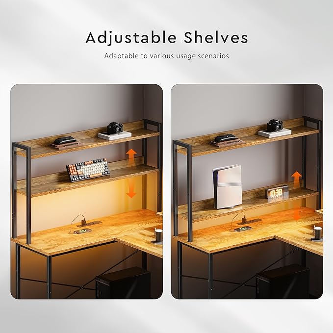 L Shaped Desk with ShelvesReversible Computer Desk with LED Lights and Charging StationHome Office Corner Desk with Monitor StandBrown2
