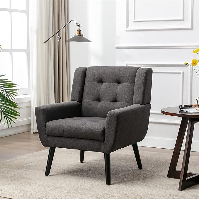 SSLine Linen Accent Arm ChairMid-Century Modern Upholstered Wingback Single Sofa Armchair Club Chair with Solid Wood Legs Thick Cushion for BedroomReadingLiving Room Chair (Dark Grey)