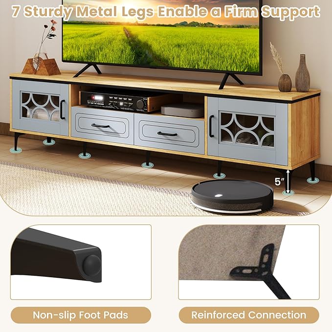 Tangkula Farmhouse TV Stand for TVs up to 80” 71” Entertainment Center with 2 Drawers 2 Cabinets &amp Compartment with 7 Raised Metal Legs Wood Media TV Console Table for Living Room (Bluish Gray