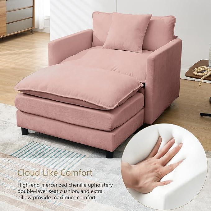 Oversized Chair with Ottoman Chenille Upholstered Deep Seat Couch Armchair 40.16'' Comfy Chaise Lounge Indoor with Thick Cushion for Living Room (Pink 40.16'' Single Seat Sofa &amp 1 Ottoman)