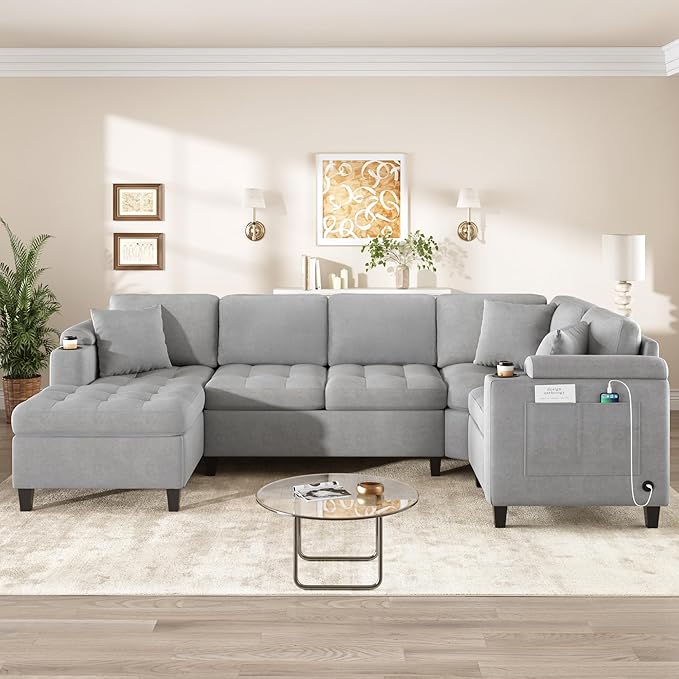 Merax 115.7 U-Shaped Chenille Sectional Sofa 4 Seat Corner Couch Oversized with Built-in Cup Holders 3 Pillows Storage Space for Living Room Light Grey