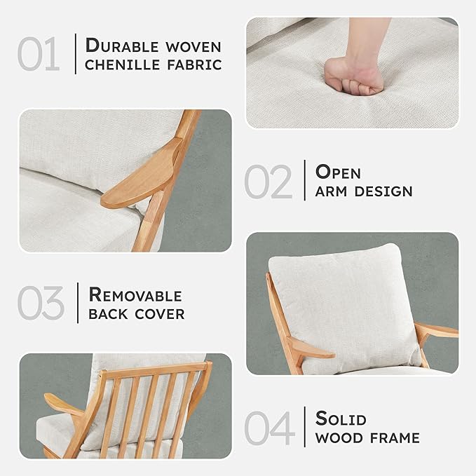 Lexicon Mid Century Modern Accent Chair Natural Finish Solid Rubberwood Frame Reversible Back Cushion Woven Chenille Upholstered Reading Chair for Living Room/Bedroom/Office Beige