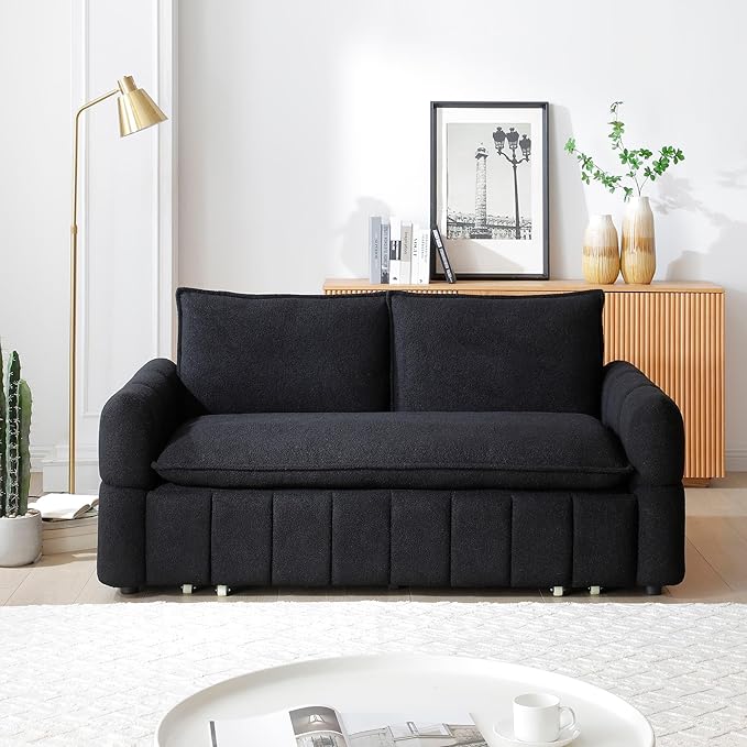 Black Convertible Sleeper Sofa Couch Full Size 3-in-1 Pull Out Sofa Bed for Living Room Small Space Loveseat for Home Office Bedroom Apartment