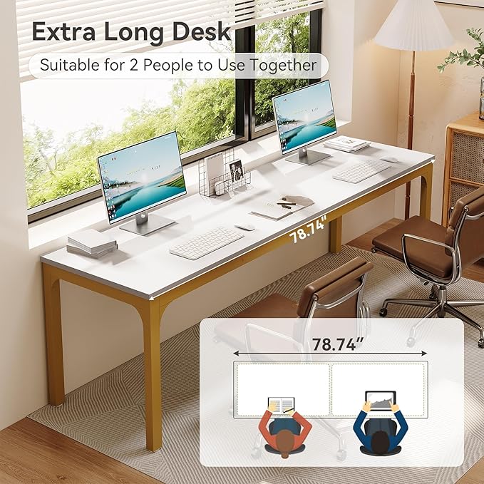 LITTLE TREE 78.7-Inch Ultra Long Two-Person Desk Writing Gaming Work Computer Double Desk for Home Office White + Gold