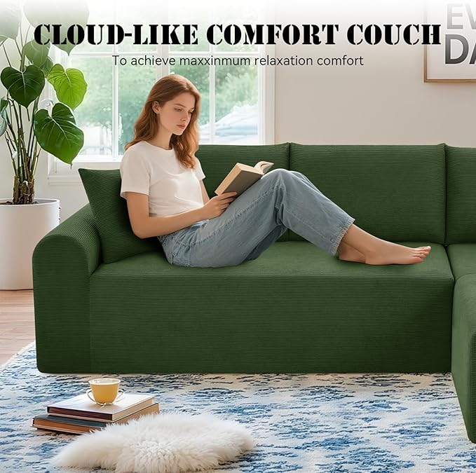 103 Modular Sectional Sofa with Chaise Cloud Sectional Couch with Deep Seat Modular L-Shape Sofa Corduroy Boneless Couch for Living RoomBedroomNo Assembly Required(Green Right Facing Chaise)