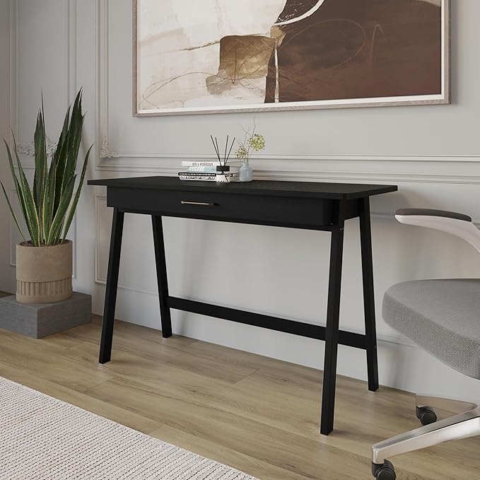 HOME DESIGN Serafina Solid Wood Writing Desk Modern Clean-Lined Design with Wide Storage Drawer Compact Home Office Desk Natural Wood Grain Finish Black