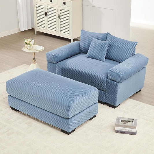 ERYE Modern Corduroy Upholstered Accent Chair and Ottoman Set Oversized Wider Seat Armchair Leisure Comfy Lounge Chaise with Removable CushionArmrests and 3 Pillows