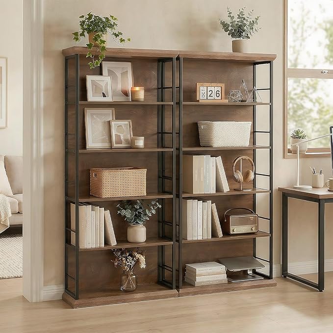 LITTLE TREE 5-Tier Bookcase 72 Inches Farmhouse Wooden Bookshelf Free-Standing Display Storage Shelves for Home Office Living Room Kitchen Room Brown