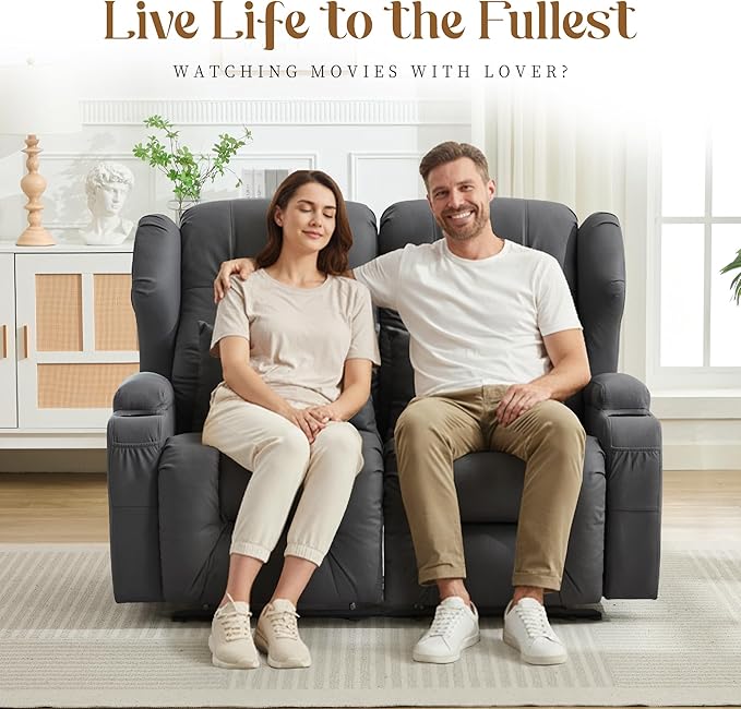 BINGTOO Manual Double Loveseat Recliner Sofa 2-Seater RV Wall Hugger Couch for Living Room &amp Home Theater with Cup Holders/Side Pockets/Lumbar Pillows Fabric Dark Gray