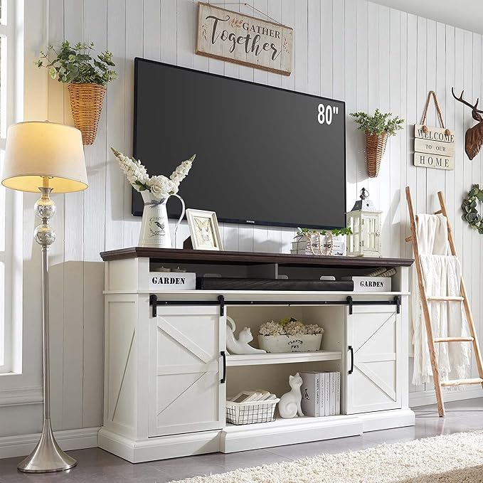 Farmhouse TV Stand for 80 Inch TVs 37.4Tall Entertainment Center w/Storage Cabinets and Sliding Barn Door Media Console Cabinet w/Soundbar &amp Adjustable Shelves for Living Room 70 inch (White)