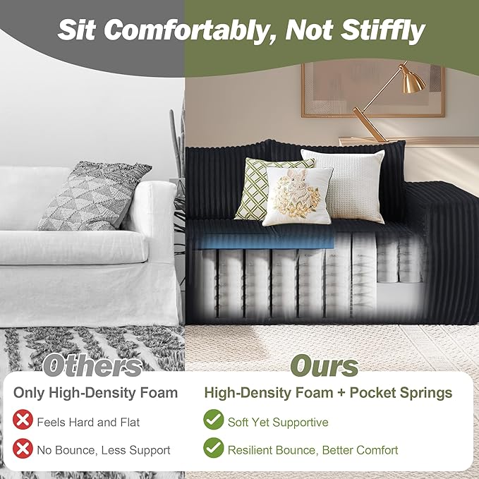 101 Boneless Cloud Modular Sectional Sofa L-Shaped Memory Foam Couch with Reversible Chaise Corduroy Upholstered Sofa in a Box No Assembly Required for Living Room &amp Apartment (Black 101in)