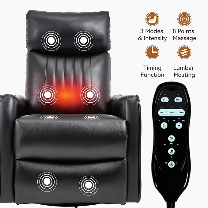 High Back Massage Recliner with Heat - Swivel Rocking Chair for Small Spaces Manual Lazy Boy Recliner for Adults Perfect for Living Room &amp Bedroom Soft Fabric (Black PU)