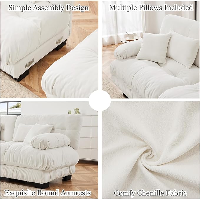 Modular Sectional Sofa Bed Chenille Comfy Cloud Couch with 2 Ottomans Sleeper Daybed with 2 Lumbar Pillows and 2 Throw Pillows Couches for Living Room (White 2 Seat + 2 Ottoman)