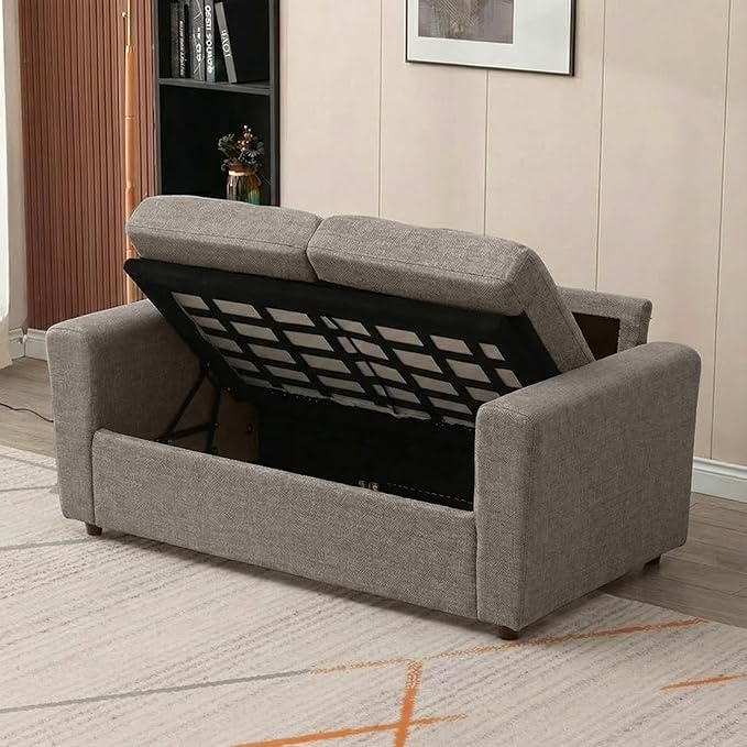 Panana Modern 3 Seater Couch Seette Linen Fabric Grey Sofa with Under Storage Compartment for Small Apartment 180 x 80 x 80cm (Light Grey Sock Arm)