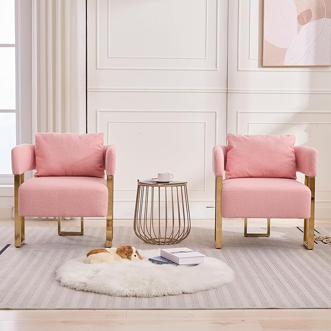 YITAI Modern Accent Chairs no Wheels Living Room Side Chairs Set of 2 with Golden Metal Legs Barrel Soft Teddyt Upholstered Reading Armchairs for OfficeStudyReception RoomBedroomLoungePink