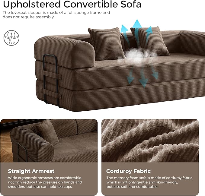 79 Convertible Sofa Bed with Fixed-Shape Frame &amp Removable Armrests Modular Corduroy Sleeper Sofa Folding Mattress Couch for Small Spaces - No Assembly Needed in Brown (Includes 2 Pillows)