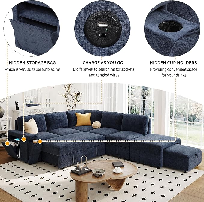 Convertible Sleeper Sectional Sofa with Pull-Out Bed and Storage Space &amp Ottoman Armrest w/USB Ports &amp Cup Holders Corner 6 Person L-Shape Modular Couch for Living Room Apartment (Blue)