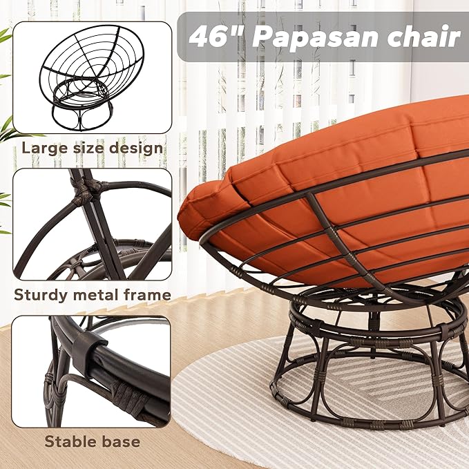46'' Large Size Papasan Chair (Non-Swivel) with Cushion and Frame Round Lazy Chair for Living Room and Bedroom Orange