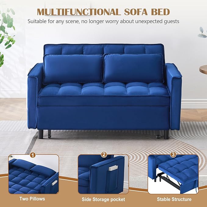 3 in 1 Convertible Sleeper Sofa Bed Modern Velvet Loveseat Pull-Out Couch Futon Love Seat Lounge Sofa with Pull-Out Bed &amp Adjustable Backrest and Side Pocket for Small Apartment Bedroom | Conve