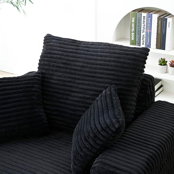 43.3 W Oversized Corduroy Chaise Lounge Chair Comfy Sleeper Sofa with Cup Holder and Storage Ottoman 3 Throw Pillows Included Deep Seat Upholstered Reading Chair for Living Room (Black)