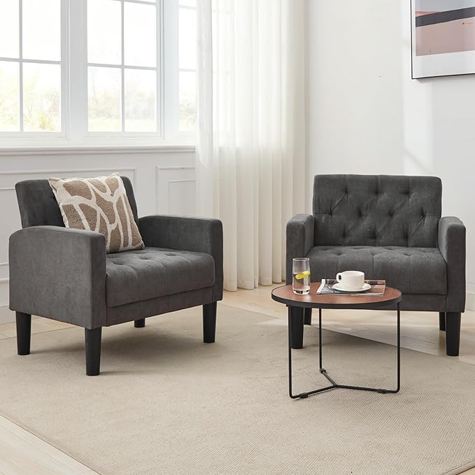 TYBOATLE Accent Chairs Set of 2 Mid Century Modern Upholstered Tufted Living Room Chair for Bedroom Armchair for Waiting Room Reading Chair for Office Grey