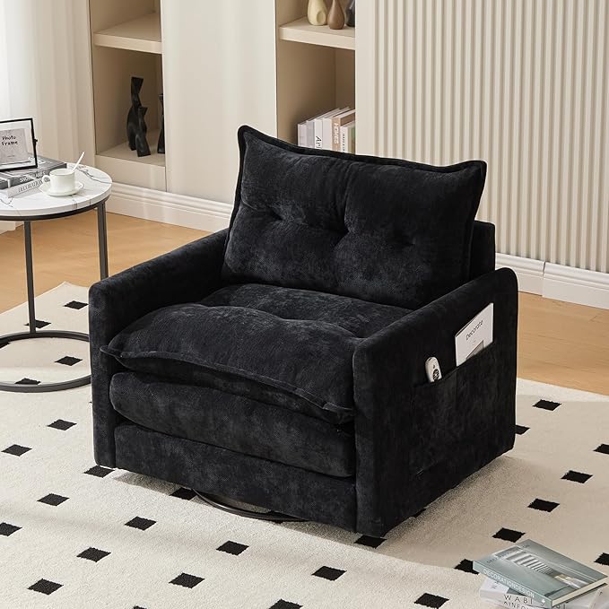 Swivel Accent Chair 360° Rotation Chenille Upholstered Leisure Armchair with Lumbar Pillow Thick Padded Arm Chair with Metal Base Single Sofa Chair for Living Room BedroomOffice (Black)