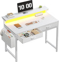 Computer Desk with 2 Drawers &amp LED Lights31.5 Inch Home Office Desks with Side Pocket and Monitor StandStudy Writing Table for Small SpacesWhite
